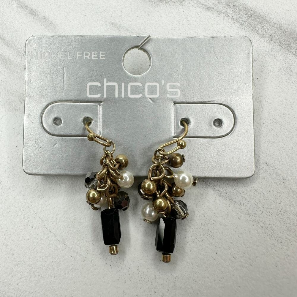Chico's Beaded Cluster Gold Tone Earrings Black Pearl NWT ✨